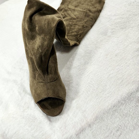 So Me Olive Green Open Toe Stretch Stocking OTK Thigh Boots 4" Chunky Heel - Picture 2 of 7